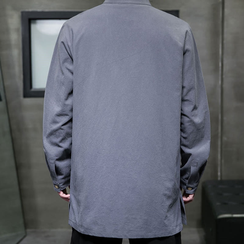 Buddha Stonesシンプル 唐装 無地 中国風 カエルボタン メンズ コットン 長袖 ジャケット シャツ - image 6