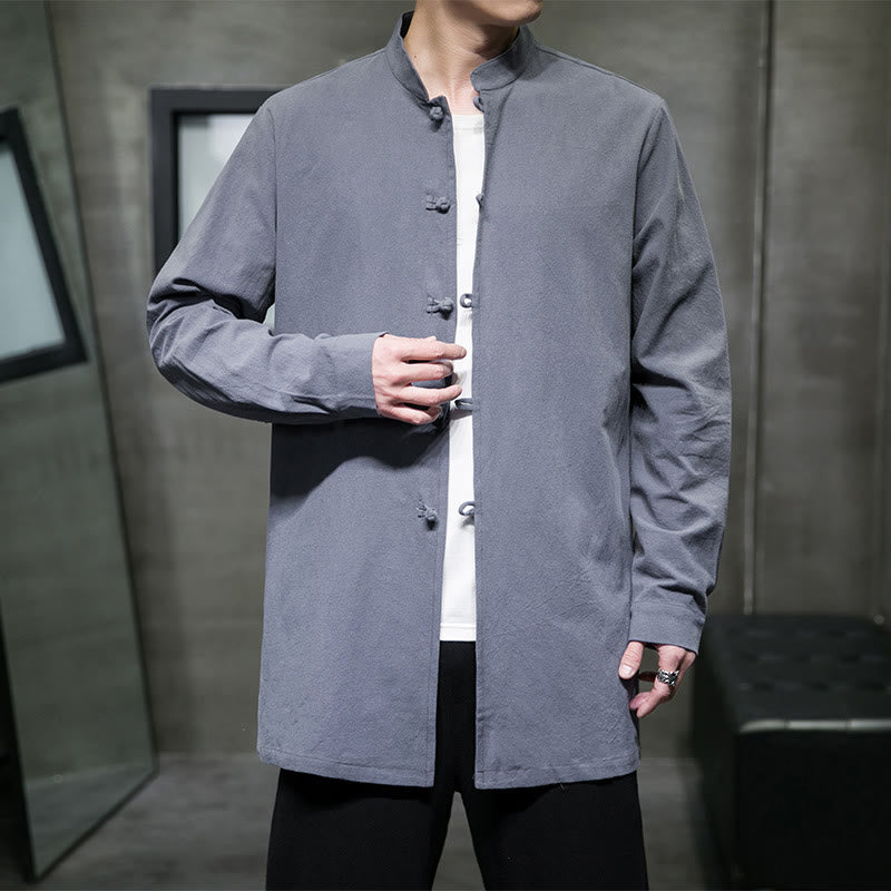 Buddha Stonesシンプル 唐装 無地 中国風 カエルボタン メンズ コットン 長袖 ジャケット シャツ - image 1