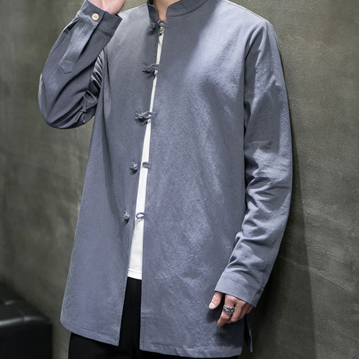 Buddha Stonesシンプル 唐装 無地 中国風 カエルボタン メンズ コットン 長袖 ジャケット シャツ - image 7