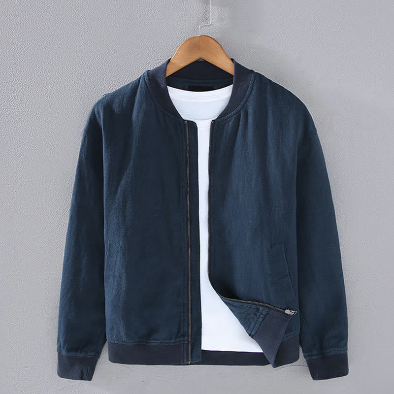 Buddha Stones冬用ジッパーデザイン スタンドカラー メンズ コットンリネン 長袖ジャケット ポケット付き - 海軍 - US/UK/AU42、 EU52 (3XL) - image 1