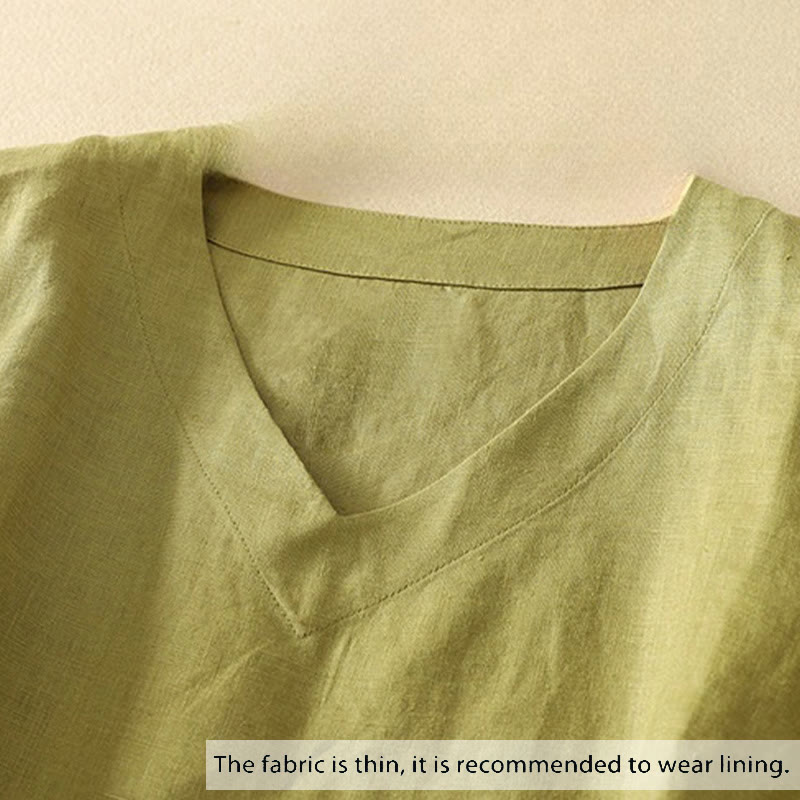 Buddha Stones夏 カジュアル 無地 レディース Vネック デザイン 半袖 コットン Tシャツ - image 1