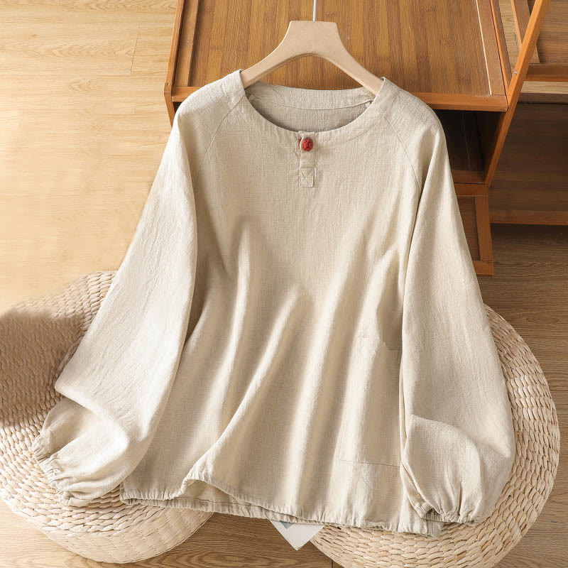 Buddha Stonesカジュアル 無地 長袖 コットン ポリエステル レディース シャツ - ベージュ - US14、 UK/AU18、 EU46 (2XL) - image 0