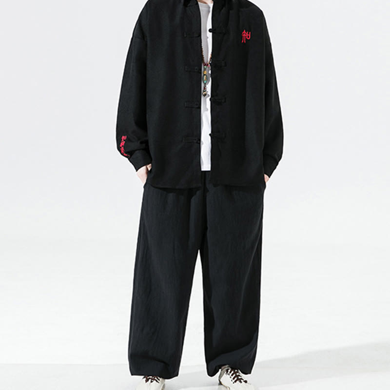 Buddha Stones刺繍中国風カエルボタンデザイン唐装メンズコットン長袖ジャケットシャツ - image 7