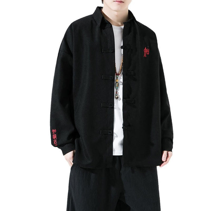 Buddha Stones刺繍中国風カエルボタンデザイン唐装メンズコットン長袖ジャケットシャツ - image 8