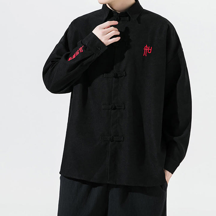 Buddha Stones刺繍中国風カエルボタンデザイン唐装メンズコットン長袖ジャケットシャツ - image 5
