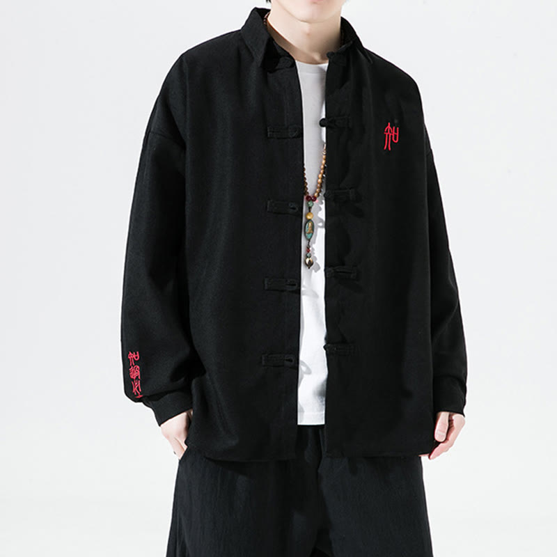Buddha Stones刺繍中国風カエルボタンデザイン唐装メンズコットン長袖ジャケットシャツ - 黒 - US/UK/AU46、 EU56 (5XL) - image 0