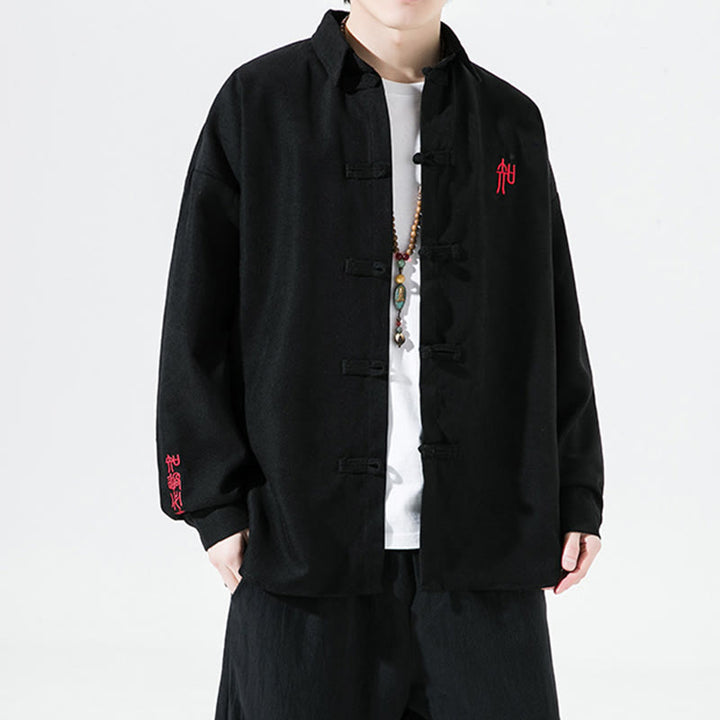 Buddha Stones刺繍中国風カエルボタンデザイン唐装メンズコットン長袖ジャケットシャツ - 黒 - US/UK/AU46、 EU56 (5XL) - image 0