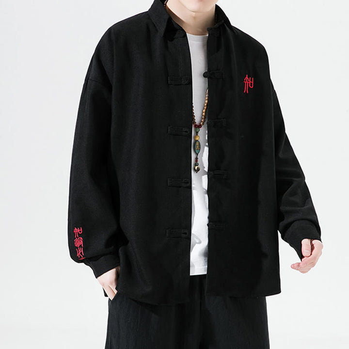 Buddha Stones刺繍中国風カエルボタンデザイン唐装メンズコットン長袖ジャケットシャツ - image 1
