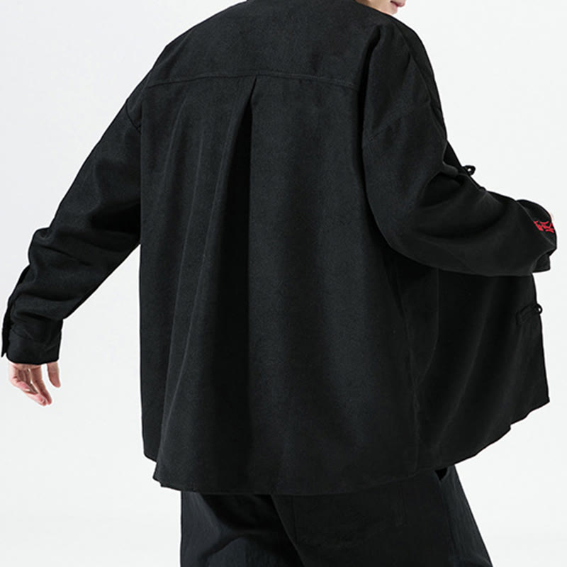 Buddha Stones刺繍中国風カエルボタンデザイン唐装メンズコットン長袖ジャケットシャツ - image 3