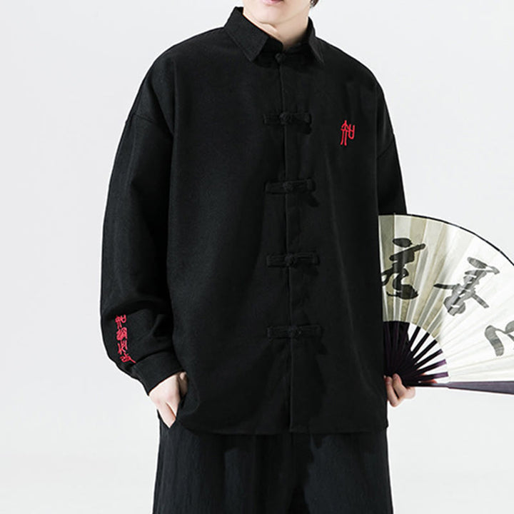 Buddha Stones刺繍中国風カエルボタンデザイン唐装メンズコットン長袖ジャケットシャツ - image 6