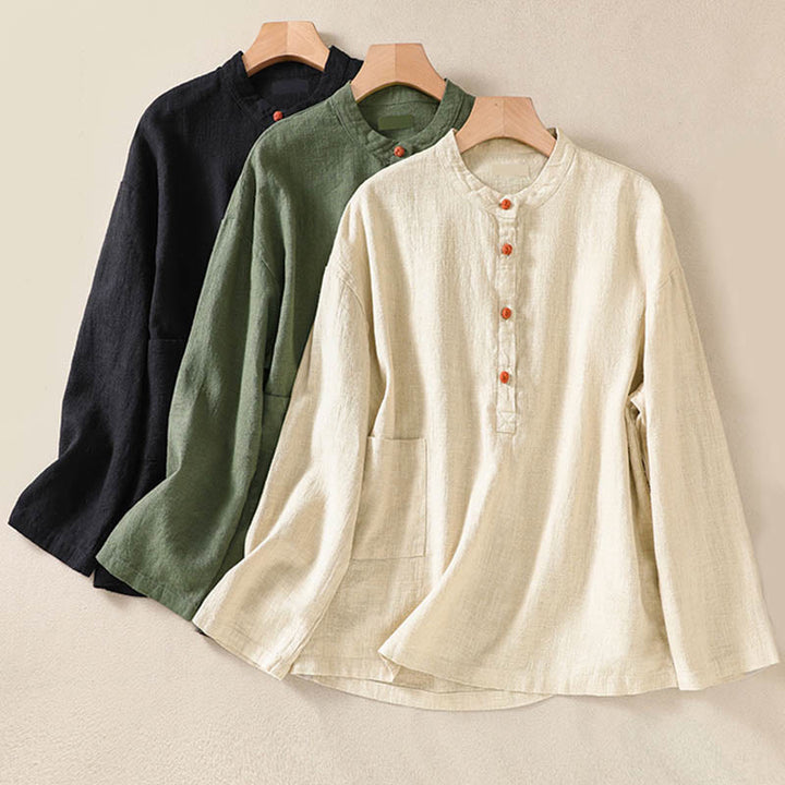 Buddha Stonesカジュアルボタンクルーネックコットンレディース長袖シャツ（ポケット付き） - image 26