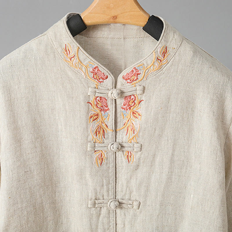 Buddha Stones刺繍花長袖フロッグボタンコットンレディースシャツ - image 8