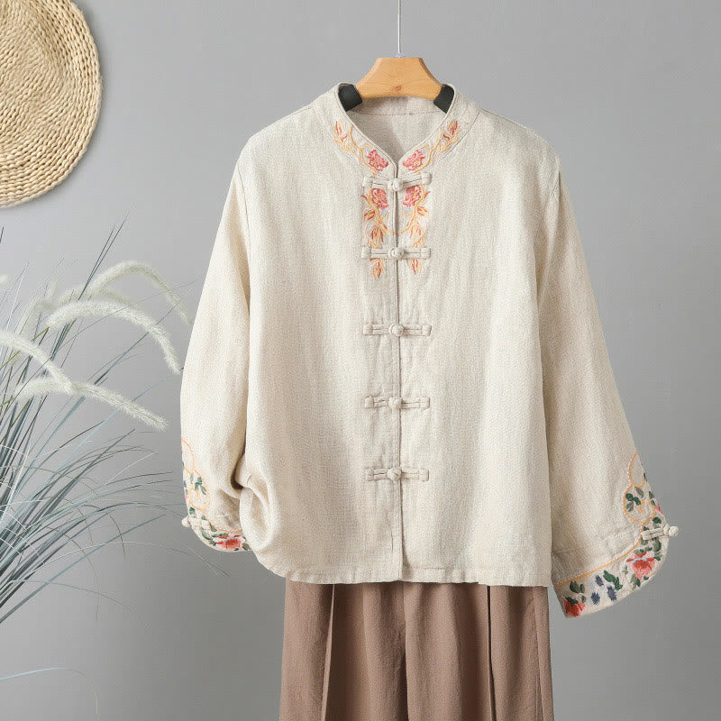 Buddha Stones刺繍花長袖フロッグボタンコットンレディースシャツ - ベージュ - US12、 UK/AU16、 EU44 (2XL) - image 0