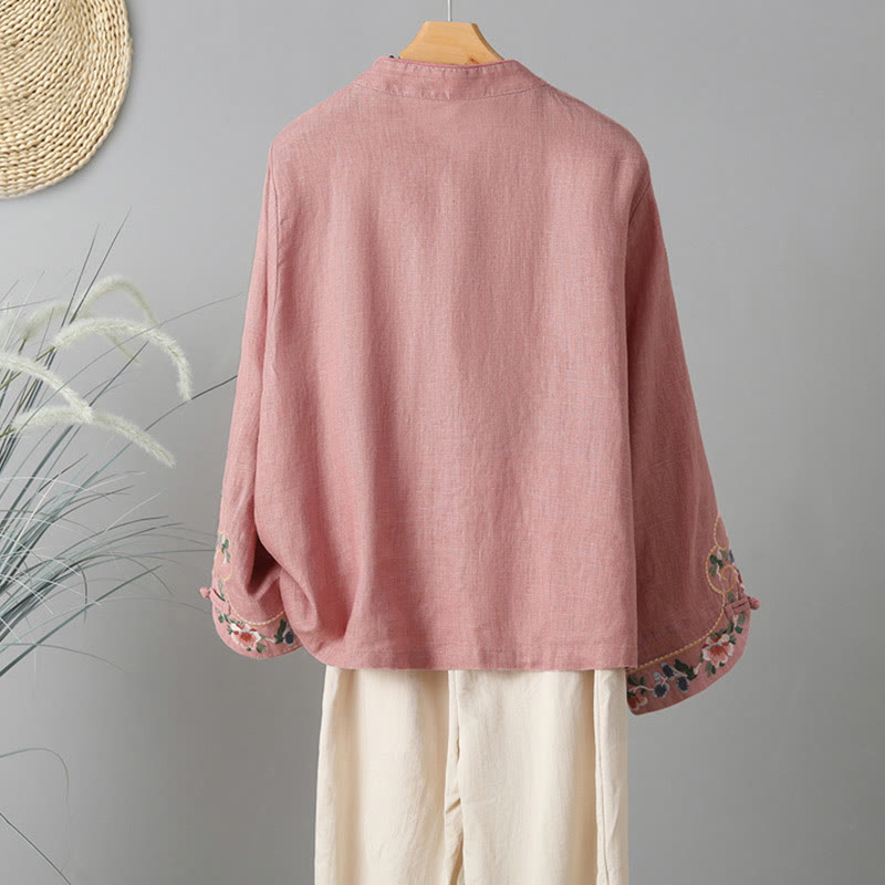 Buddha Stones刺繍花長袖フロッグボタンコットンレディースシャツ - image 10