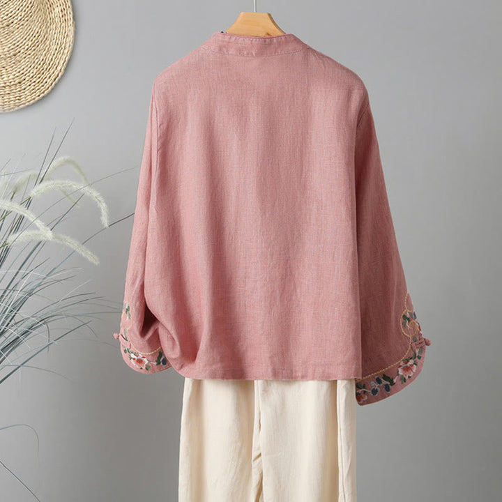 Buddha Stones刺繍花長袖フロッグボタンコットンレディースシャツ - image 10