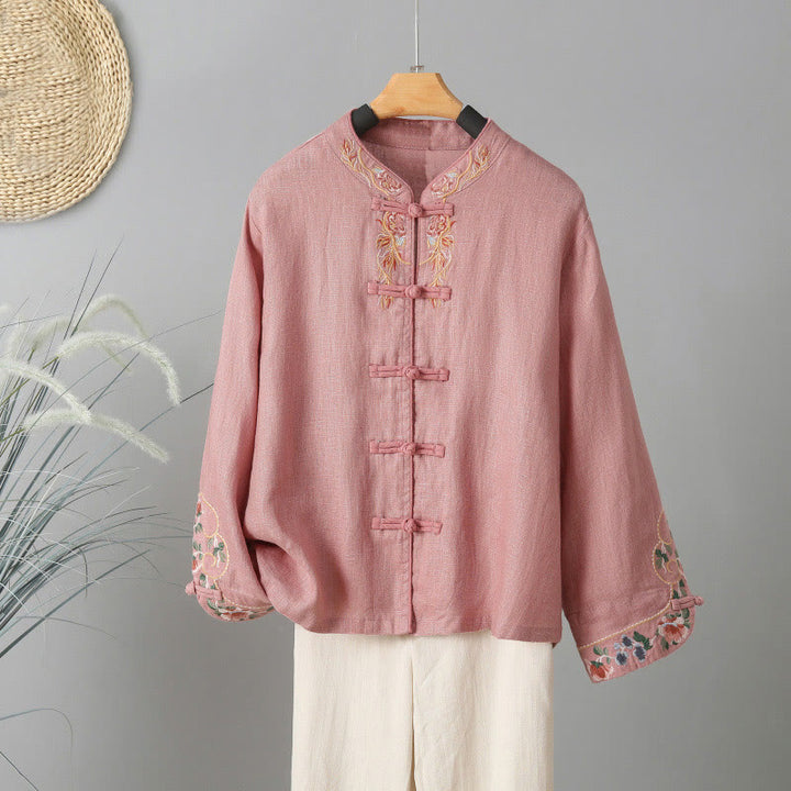 Buddha Stones刺繍花長袖フロッグボタンコットンレディースシャツ - ライトピンク - US12、 UK/AU16、 EU44 (2XL) - image 9