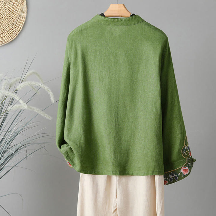 Buddha Stones刺繍花長袖フロッグボタンコットンレディースシャツ - image 13