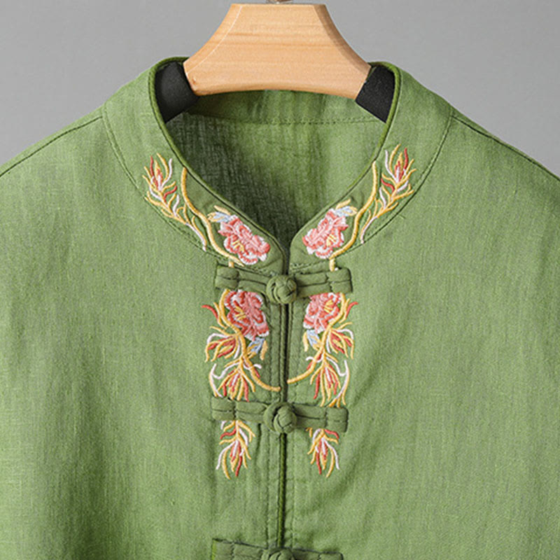 Buddha Stones刺繍花長袖フロッグボタンコットンレディースシャツ - image 14