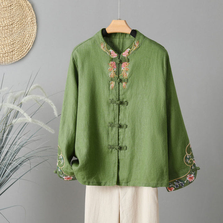 Buddha Stones刺繍花長袖フロッグボタンコットンレディースシャツ - オリーブドラブ - US12、 UK/AU16、 EU44 (2XL) - image 12