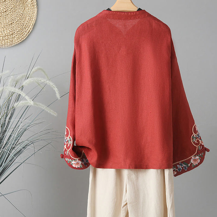 Buddha Stones刺繍花長袖フロッグボタンコットンレディースシャツ - image 16