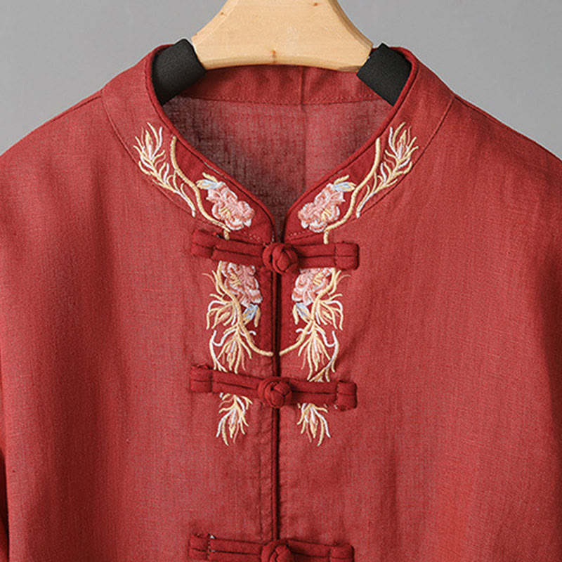Buddha Stones刺繍花長袖フロッグボタンコットンレディースシャツ - image 17
