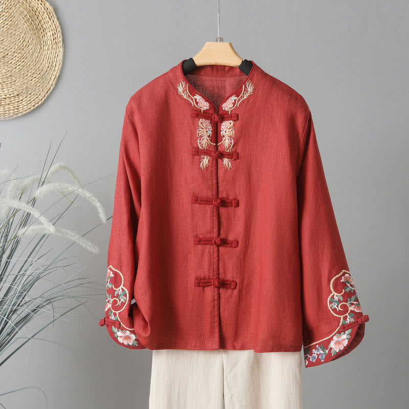 Buddha Stones刺繍花長袖フロッグボタンコットンレディースシャツ - ファイアブリック - US12、 UK/AU16、 EU44 (2XL) - image 15