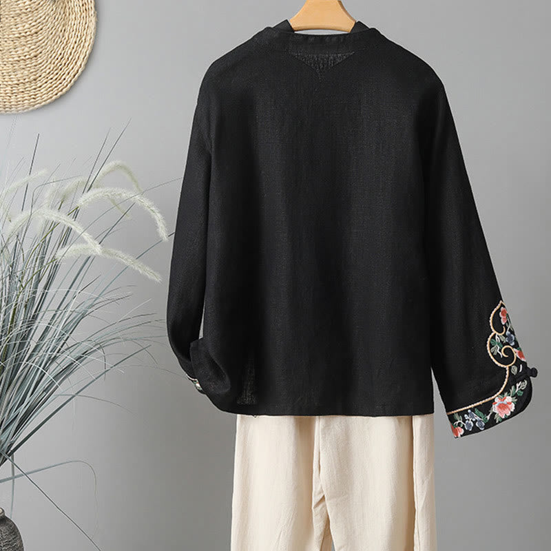 Buddha Stones刺繍花長袖フロッグボタンコットンレディースシャツ - image 19