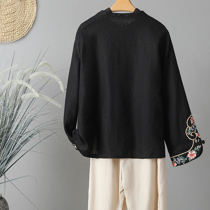 Buddha Stones刺繍花長袖フロッグボタンコットンレディースシャツ - image 19