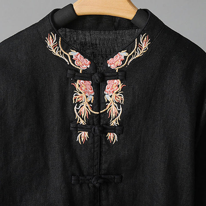 Buddha Stones刺繍花長袖フロッグボタンコットンレディースシャツ - image 24