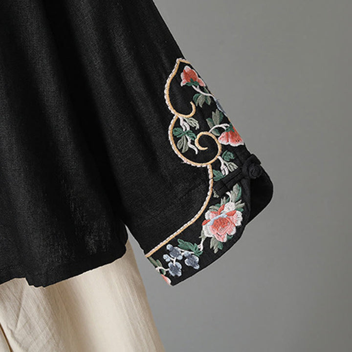 Buddha Stones刺繍花長袖フロッグボタンコットンレディースシャツ - image 21