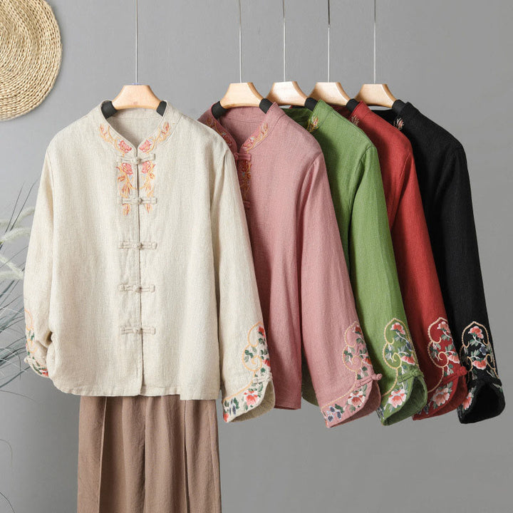 Buddha Stones刺繍花長袖フロッグボタンコットンレディースシャツ - image 25