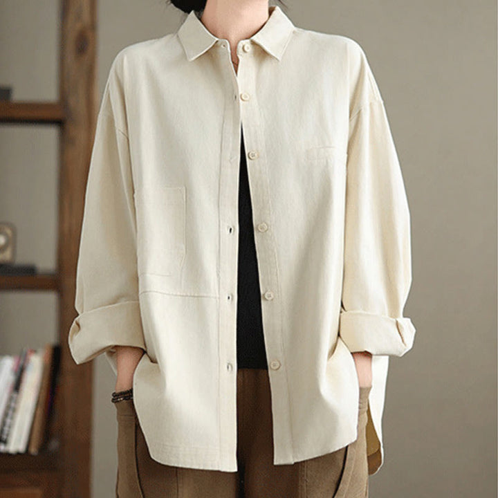 Buddha Stonesカジュアル 無地 長袖 コットン レディース シャツ ポケット付き - ベージュ - US14、 UK/AU18、 EU46 (2XL) - image 6