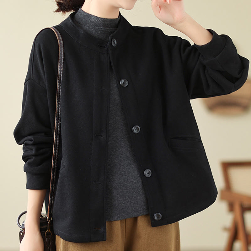 Buddha Stones無地 レディース コットン 長袖 ジャケット ポケット付き - 黒 - US14、 UK/AU18、 EU46 (2XL) - image 0