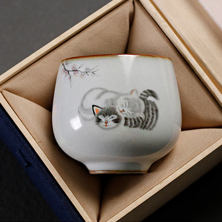 Buddha Stones かわいい猫の枝のティーカップカンフーティーカップギフトボックス付き - 2匹の猫 5.8cm×6cm×120ml - image 7