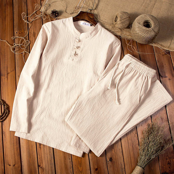 Buddha Stones純色 コットン リネン 長袖 トップス パンツ 服 メンズ セット - モカシン - US/UK/AU44、EU54（5XL） - image 1
