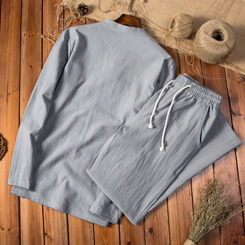 Buddha Stones純色 コットン リネン 長袖 トップス パンツ 服 メンズ セット - image 9