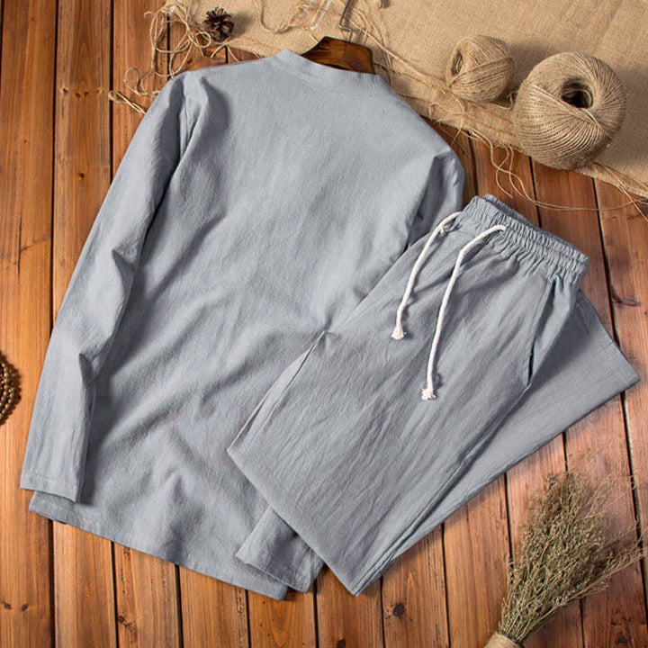 Buddha Stones純色 コットン リネン 長袖 トップス パンツ 服 メンズ セット - image 9