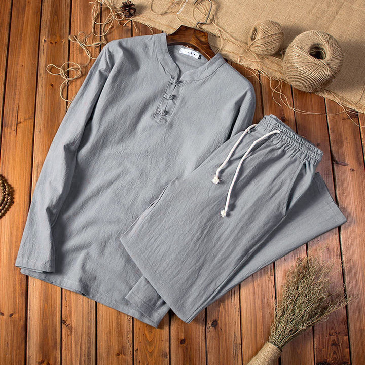 Buddha Stones純色 コットン リネン 長袖 トップス パンツ 服 メンズ セット - ディムグレー - US/UK/AU44、EU54（5XL） - image 8