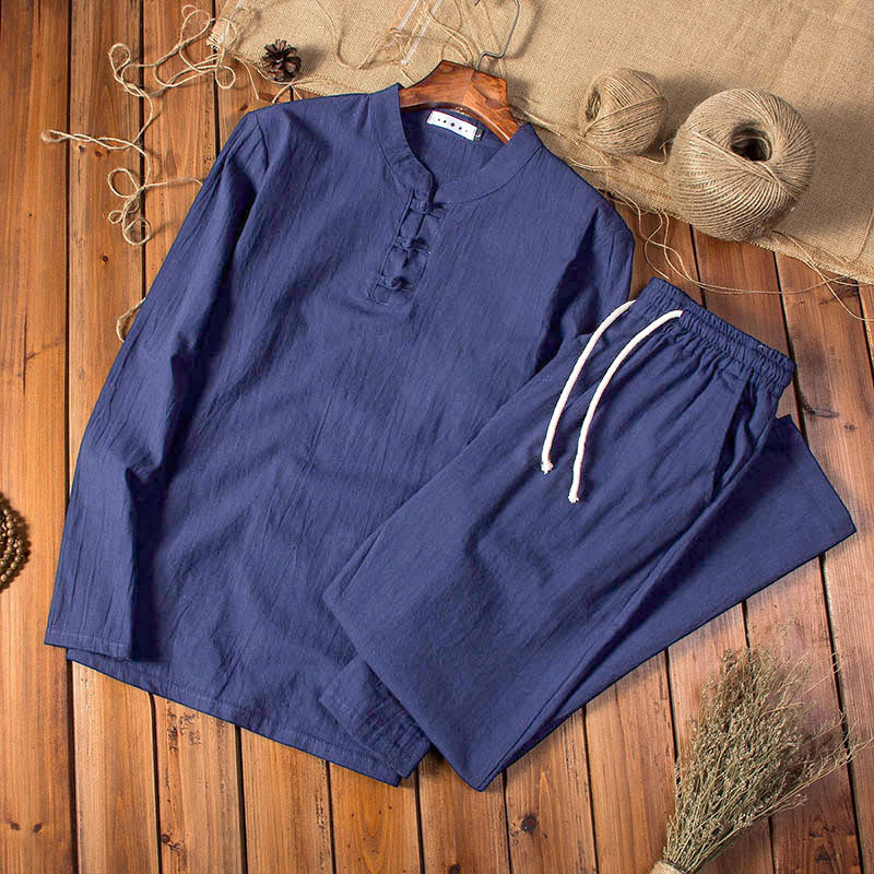 Buddha Stones純色 コットン リネン 長袖 トップス パンツ 服 メンズ セット - ミッドナイトブルー - US/UK/AU44、EU54（5XL） - image 12