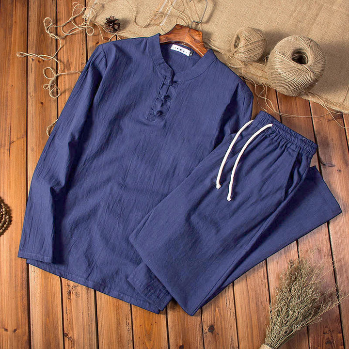 Buddha Stones純色 コットン リネン 長袖 トップス パンツ 服 メンズ セット - ミッドナイトブルー - US/UK/AU44、EU54（5XL） - image 12