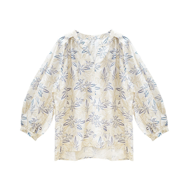 Buddha Stonesブルー ベージュ 花柄 ノッチデザイン 長袖 レディース シャツ 高齢者向け - image 5