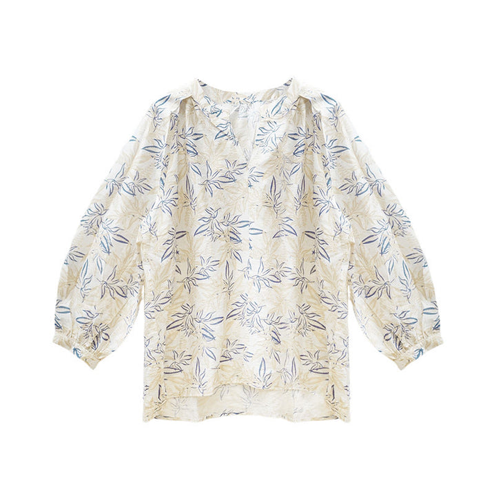 Buddha Stonesブルー ベージュ 花柄 ノッチデザイン 長袖 レディース シャツ 高齢者向け - image 5