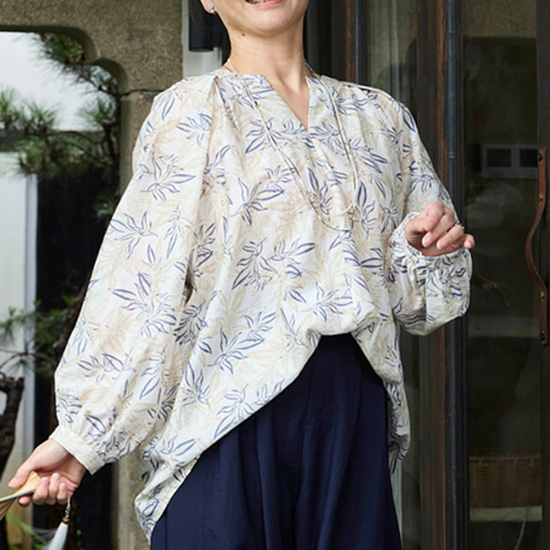 Buddha Stonesブルー ベージュ 花柄 ノッチデザイン 長袖 レディース シャツ 高齢者向け - image 13