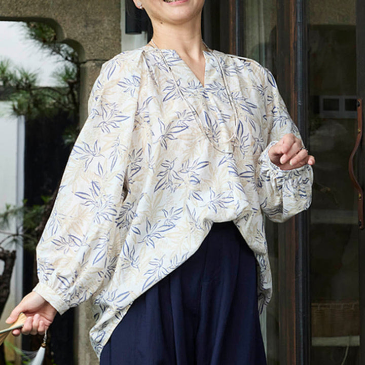 Buddha Stonesブルー ベージュ 花柄 ノッチデザイン 長袖 レディース シャツ 高齢者向け - image 13