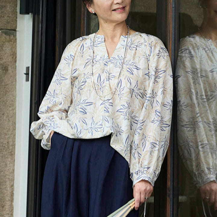 Buddha Stonesブルー ベージュ 花柄 ノッチデザイン 長袖 レディース シャツ 高齢者向け - image 16