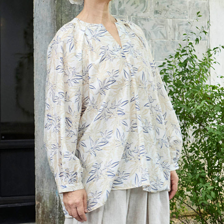 Buddha Stonesブルー ベージュ 花柄 ノッチデザイン 長袖 レディース シャツ 高齢者向け - image 3