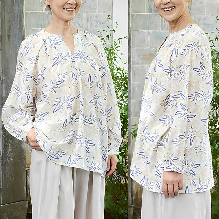 Buddha Stonesブルー ベージュ 花柄 ノッチデザイン 長袖 レディース シャツ 高齢者向け - image 9