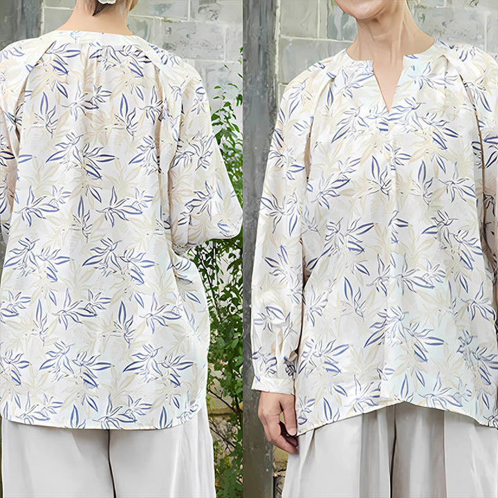 Buddha Stonesブルー ベージュ 花柄 ノッチデザイン 長袖 レディース シャツ 高齢者向け - image 10