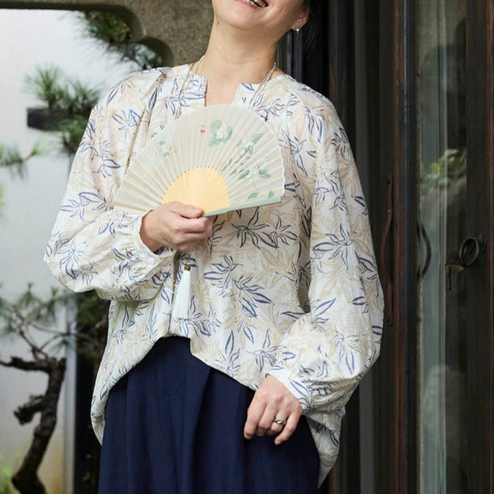 Buddha Stonesブルー ベージュ 花柄 ノッチデザイン 長袖 レディース シャツ 高齢者向け - image 19