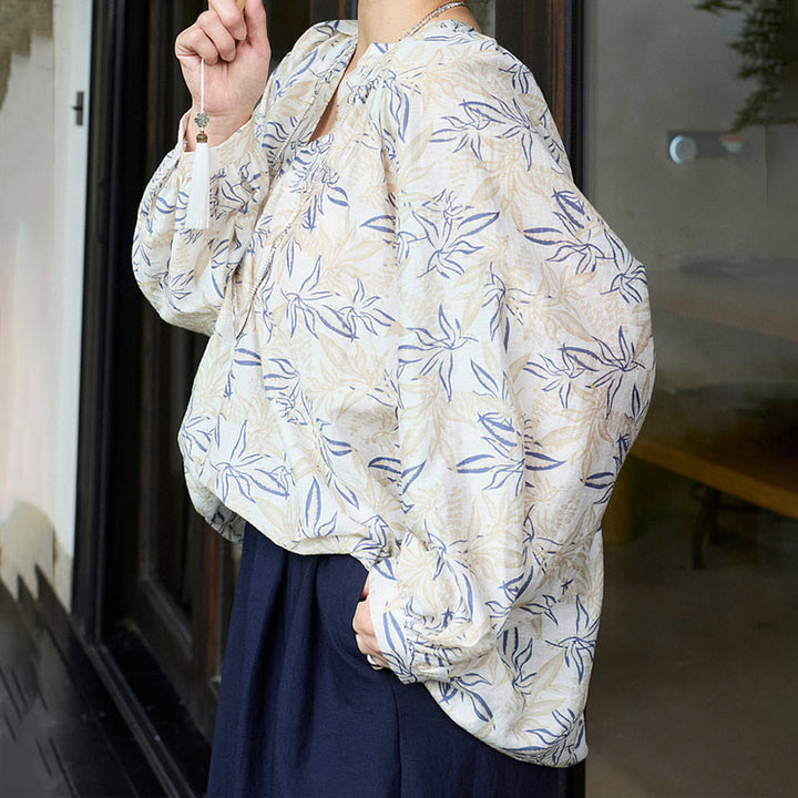Buddha Stonesブルー ベージュ 花柄 ノッチデザイン 長袖 レディース シャツ 高齢者向け - image 17
